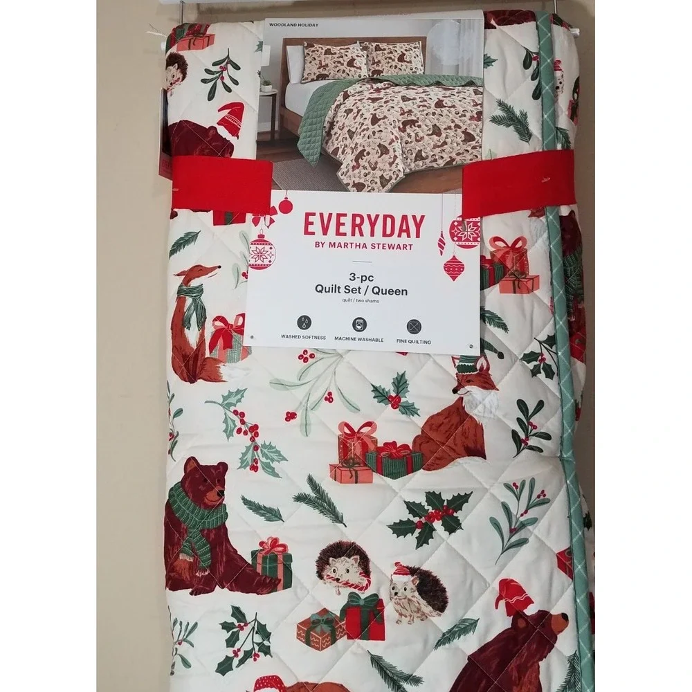 Martha Stewart Christmas Woodland FULL/QUEEN SIZE Reversible Quilt 3 pc‎ Set NEW